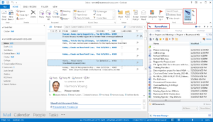 Outlook-Erweiterungen wie die von harmon.ie ergänzen die Standard-Ansicht von Outlook mit einer SharePoint-Spalte, die eine direkte Verbindung herstellen. (Bild: harmon.ie)